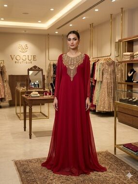 Red Maxi Dress with Gold Embellished Neckline